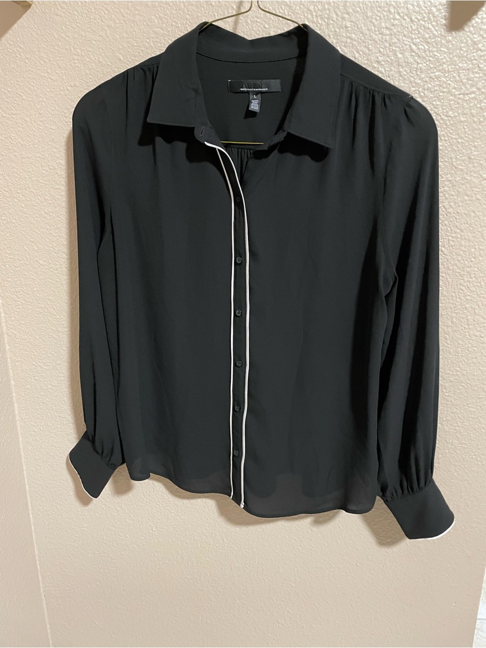 White House Black Market Black Button-Down Blouse with White Piping